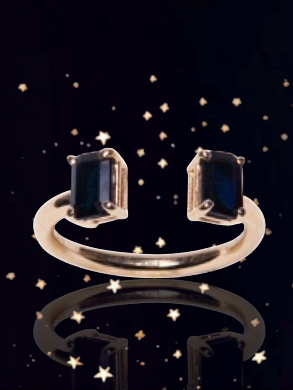 💞Mirlo NY Black Sapphire Two Emerald Cut Prong Set "Open Ring" 14K YG • 5.5~6.5